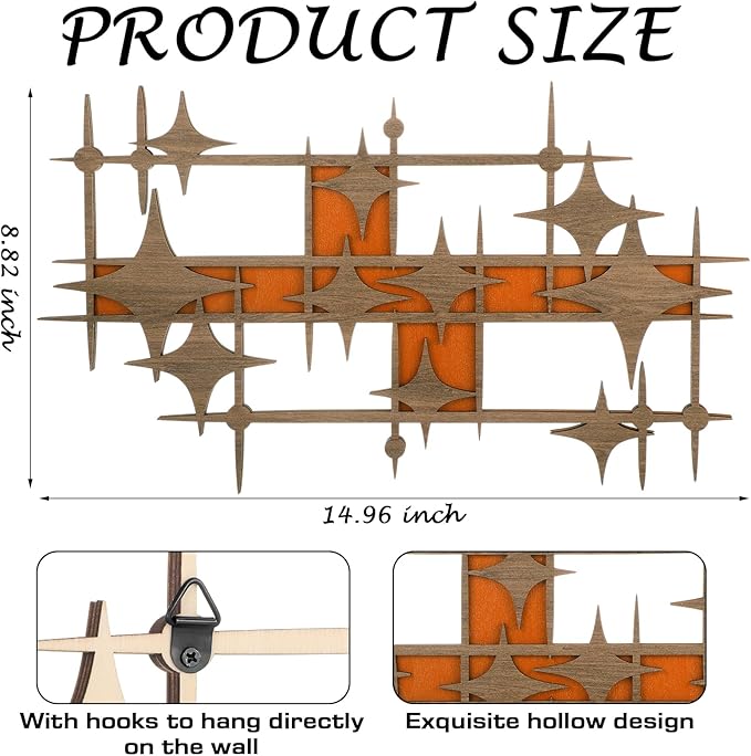 BrightRow Wooden Mid Century Modern Large Starbursts Wall Decor, Retro Starburst Panels Sculpture, 14.96 X 8.82 inch, Abstract Wall Decor Accents for Home Office Living Room