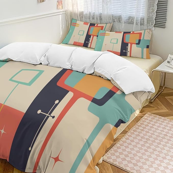 Mid Century Duvet Cover Queen Retro Atomic Bedding Set, Rainbow Grid Comforter Cover Vintage Fifties 1950s Bed Set，Abstract Art Bedding 3 Piece (1 Duvet Cover 102"x90" + 2 Pillow Sham 20"x30")