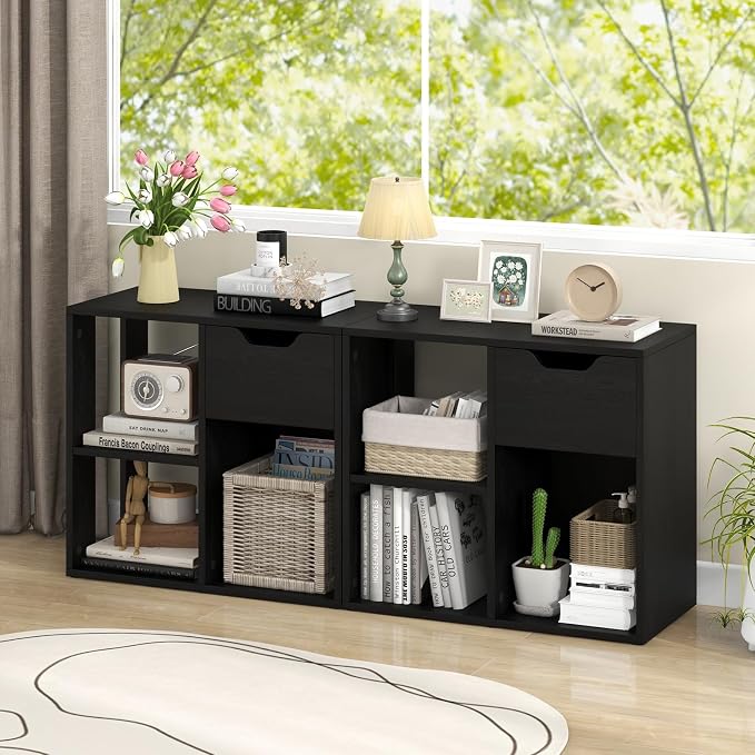 LOKO 3-Cube Bookshelf with Drawer Set of 2, 2-Tier Open Shelf Bookcase, Freestanding Display Shelf, Modern Home Storage Organizer, Shelving Unit for Living Room, Study, Office (2, Black)