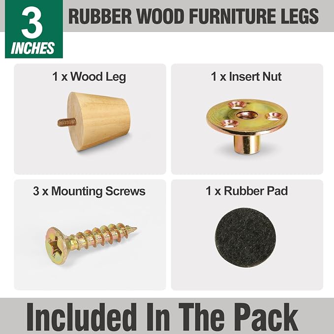 FoDau770 Rubber Wood Furniture Legs 3 Inches, 5/16" UNC Straight Tapered Wood Feet Mid Century Sofa Legs, Wooden Furniture Feet Replacement Parts for Cabinet Couch Dresser Chair Ottoman Table