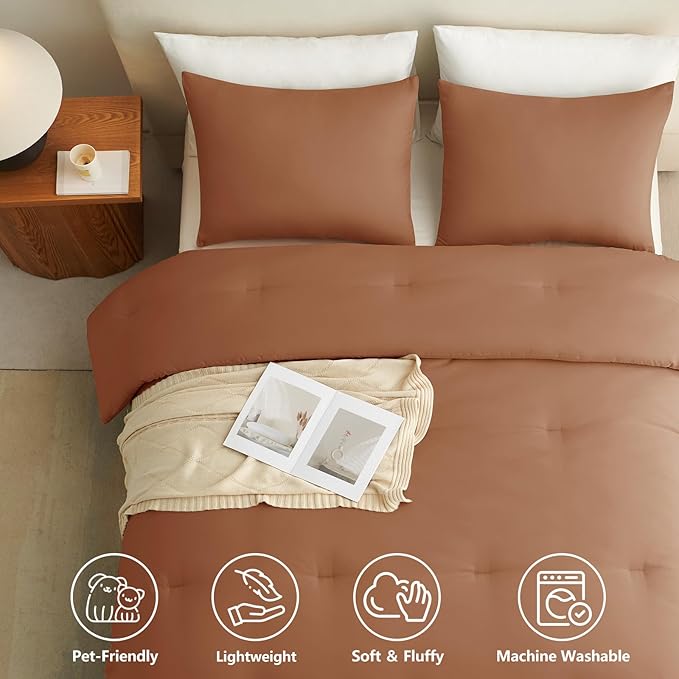 CozyLux Full Size Comforter Set Pumpkin, 3 Pieces Lightweight Down Alternative Quilted Bedding Sets, All Season Soft Breathable Solid Comforter with 2 Pillowcases, Luxury Bed Set Gift for Home