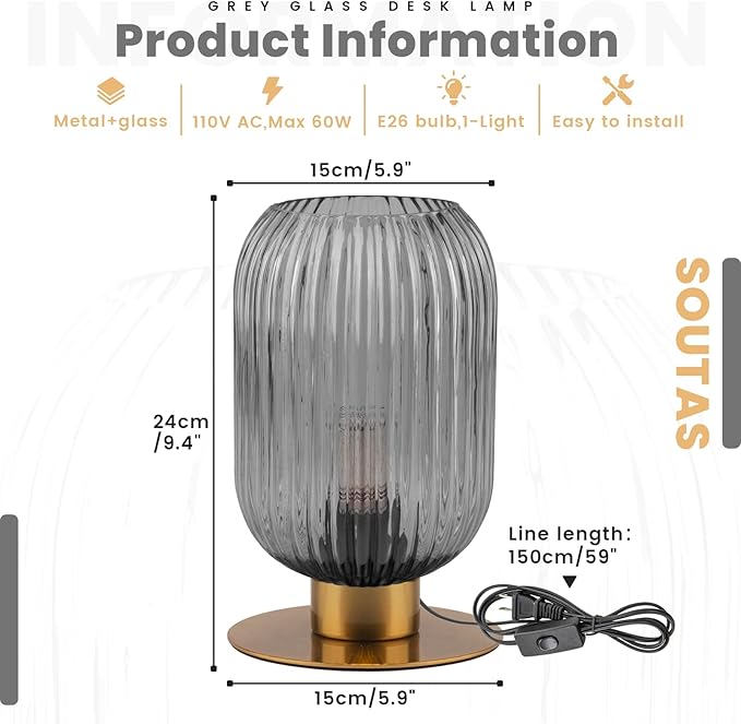 Bedroom Small Lamps Set of 2, Smoke Glass Table Lamp Living Room Side Table Lamp, Mid Century Modern Gray Bedside Lamp with On/Off Switch, Vintage Plug in Gold Lamps for Nightstand