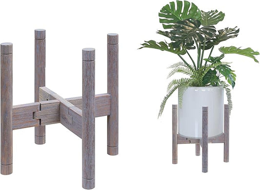Adjustable Plant Stand for 8-12″ Pots – Solid Acacia Wood Mid-Century Modern Indoor/Outdoor Planter Holder with Stainless Steel Screws – Antique Brush Grey (Pot & Plant Not Included)