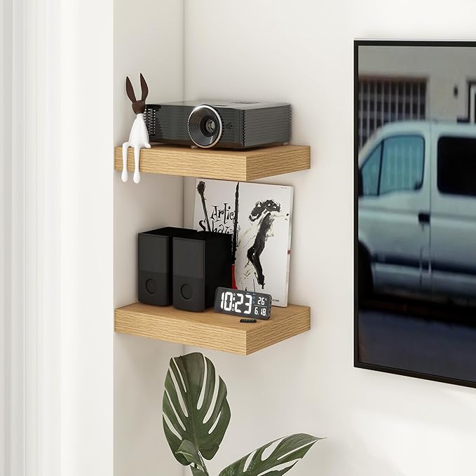 12 Inch Deep Floating Shelves | 16 Inch Oak Floating Shelves Set of 2 | 16W x 12D Rustic Shelves for Wall | Deep Wood Shelves for Living Room Bathroom Kitchen Bedroom