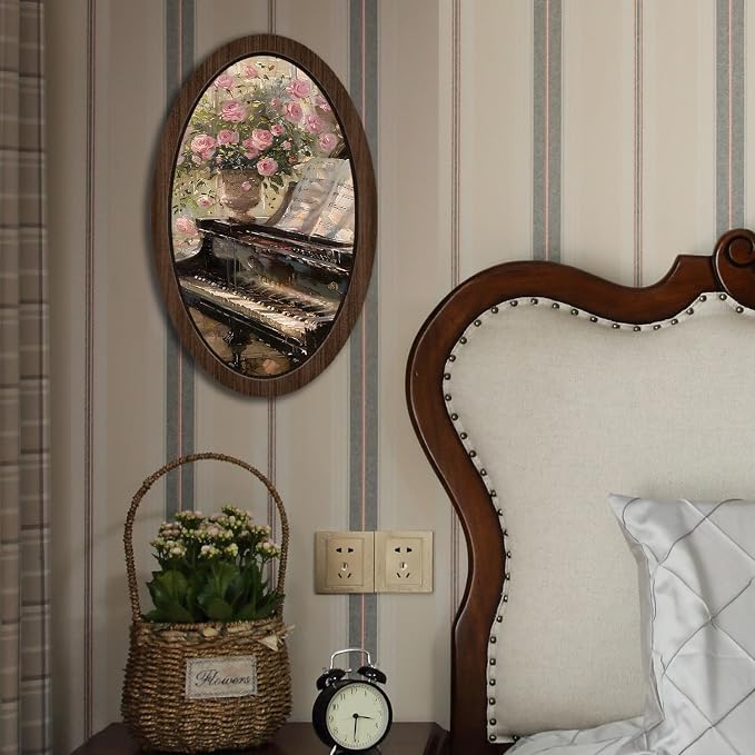 UYIKG Vintage Wall Art Oval Framed,Oil Painting Art Floral Piano Wooden Framed Decor,Farmhouse Oval Wall Decor for Theme Room Home Bedroom Living Room Home Office 9x14.6 in