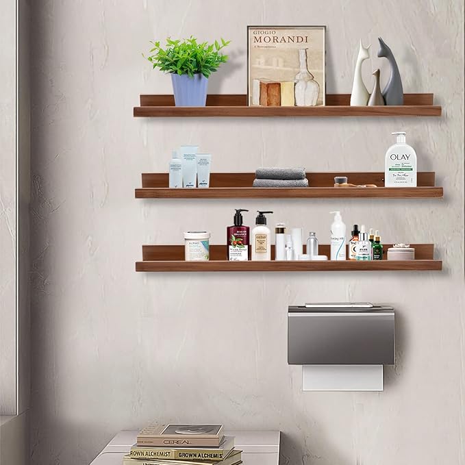 AZSKY 36 Inch Floating Book Shelves Rustic Wood Wall Picture Ledge Shelf for Storage Light Walnut Wall Mounted Picture Photo Display Shelf a Set of 3 Hanging Book Shelf