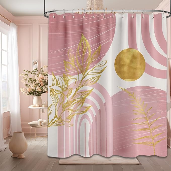 Blush Pink and Gold Shower Curtain Boho Mid Century Light Pink and White Shower Curtains for Bathroom Decor, Waterproof Cloth Fabric with Hooks, 70" W x 84" L