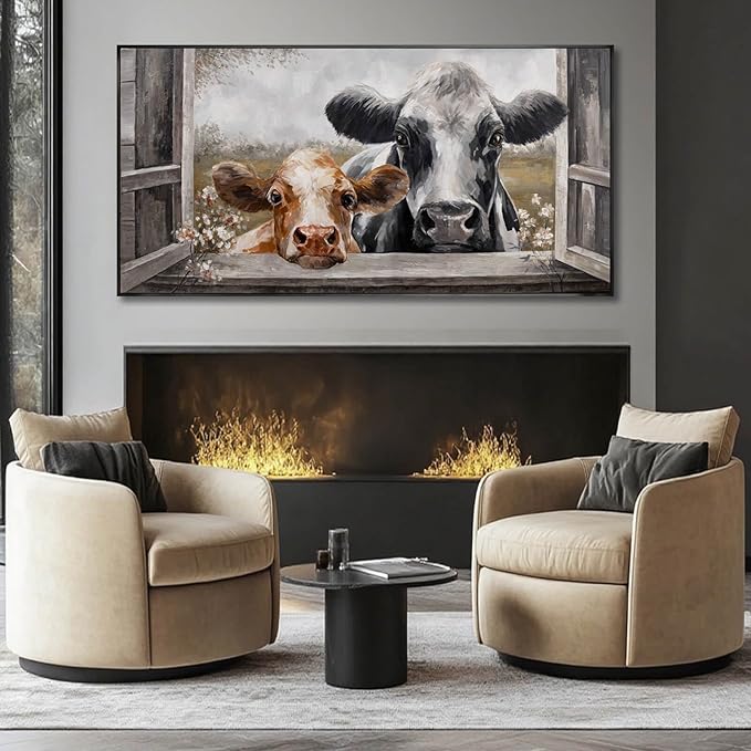Modern Framed Wall Decor Cow Wall Art Grey and Brown Picture Prints 29"x58" Decorations for Bedroom Posters for Living Room