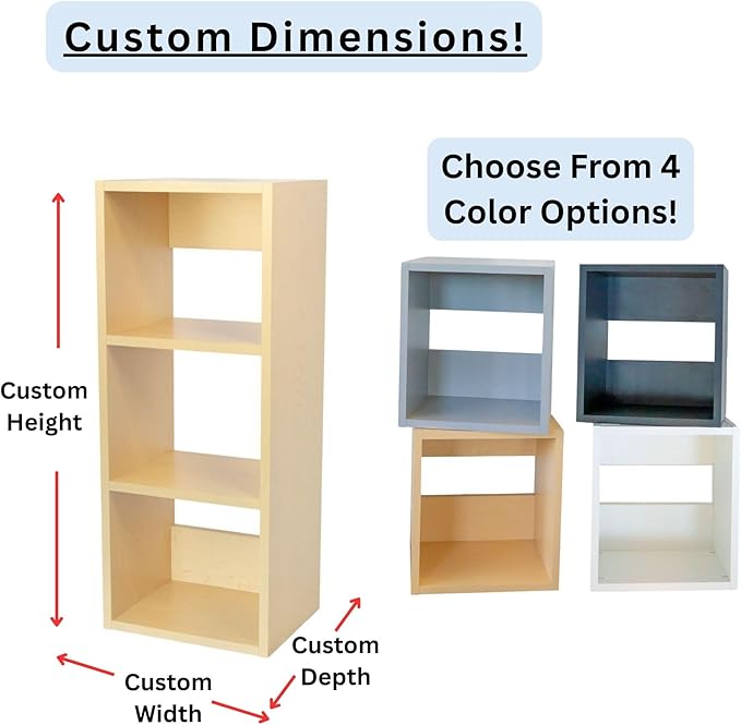 Custom Sized 3-Cube Cubby; Choose color, width, depth, and height. Units are 3/4 inch thick premium grade melamine for strong, solid unit. Easy assembly. Place on the floor or mount on a wall.
