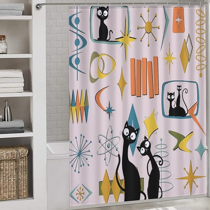 Mid Century Shower Curtains Black Cat Atomic Age Space Pink Pattern Duty Fabric Shower Curtain Set Bathroom Polyester Waterproof with 12 Hooks, 66x72Inch（168x183cm）