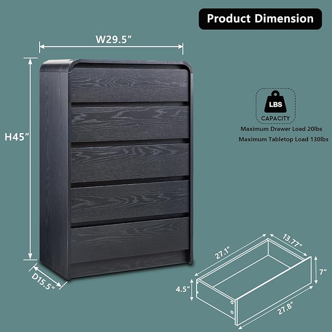 Modern 5 Drawers Dresser for Bedroom, 45" Tall Dressers & Chests of Drawers w/Curved Profile Design, Wood Mid Century Vertical Dresser w/Natural Texture for Bedroom, Living Room, Black