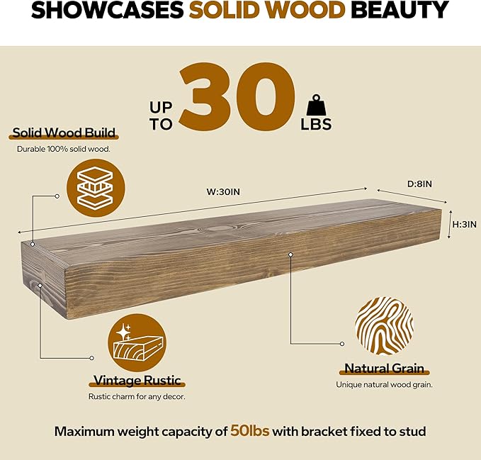 Floating Shelves 3 inch Thick for Wall Set of 2,Solid Pine Wood Wall Mount Shelf for Kitchen Living Room Bedroom Bathroom,8" D x 30" L x 3" H-Black Walnut