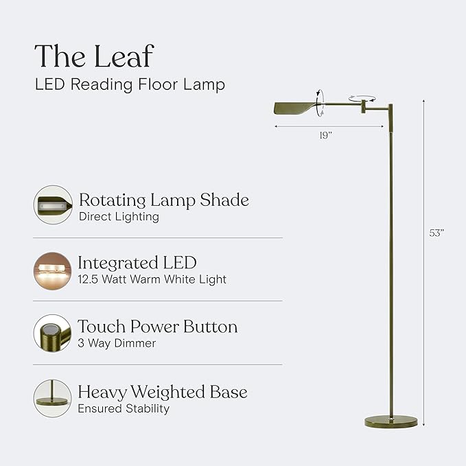 Brightech Leaf Pharmacy LED Reading Lamp, Dimmable Floor Lamp with Easy Rotation Over Chair or Desk for Living Rooms & Offices, Adjustable Standing Tall Lamp, for Sewing & Crafts - Green