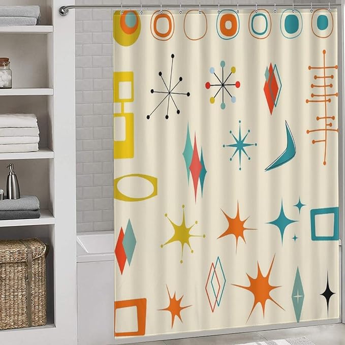 Mid Century Modern Shower Curtain,Vintage Iconic Atomic Modern Retro Space Abstract Geometric Fabric Bathroom Decor Curtains with Hooks 66x72in（168x183cm）