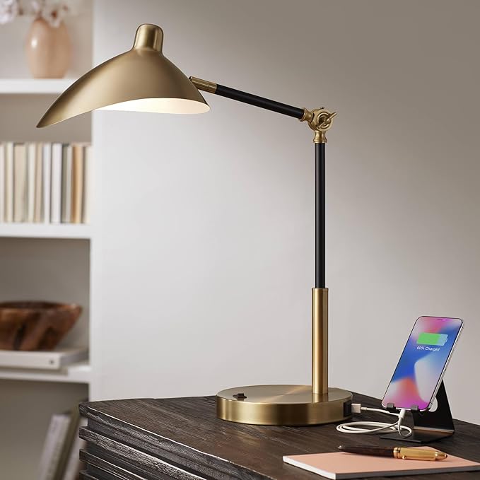 360 Lighting Colborne Mid Century Modern Industrial Desk Table Lamp LED with USB Charging Port 28" Tall Antique Brass Black for Living Room Bedroom House Bedside Nightstand Home Office