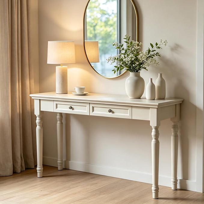 ADORZ Narrow Writing Desk with Drawers, 47 Inch French Country Solid Wood Desk for Home Office, Study Workspace or Bedroom, White