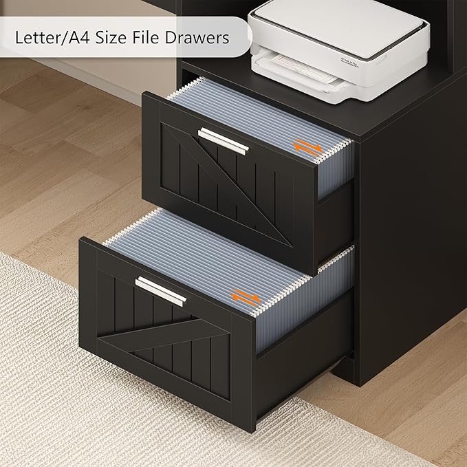 TVU Farmhouse L Shaped Desk with Drawers, 62.2" Home Office Desk with Storage Shelves and Power Outlet, L Shaped Computer Desk with Monitor Stand and Printer Shelf, Black