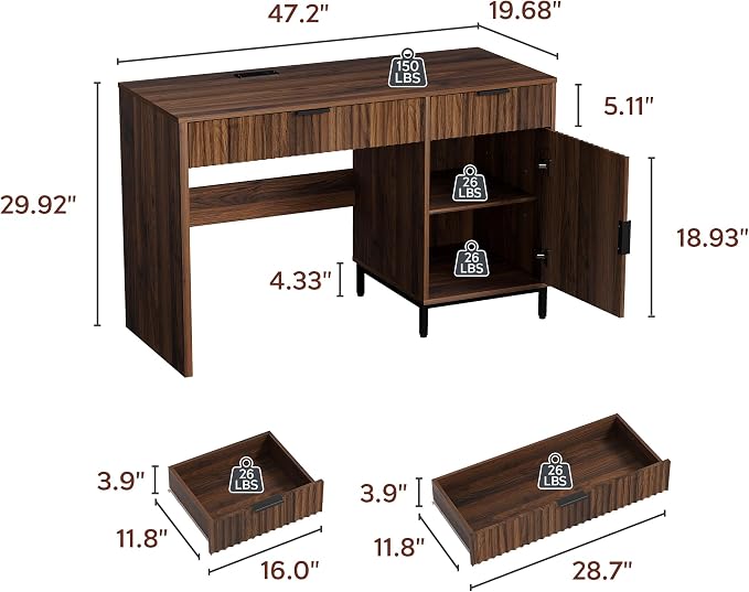 47" Office Desk with Fluted Drawers, Wooden Home Exectuive Desk with Storage Cabinet, Charging Station, Metal Legs Modern Farmhouse Computer Desk for Work, Study, Brown