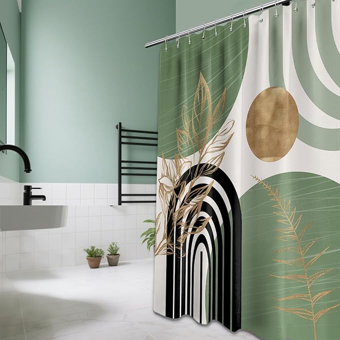 Sage Green Shower Curtain Boho Mid Century White and Light Green and Black Shower Curtains for Bathroom Decor, Waterproof Cloth Fabric with Hooks, 70" W x 84" L