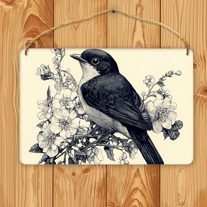 Retro Illustration wooden Bird & Floral Masterpiece Sign, 12x8 Inch Wall Decors for Collectors, Nostalgic Studio Accident, Unique Show & anniversary for Vintage Fans