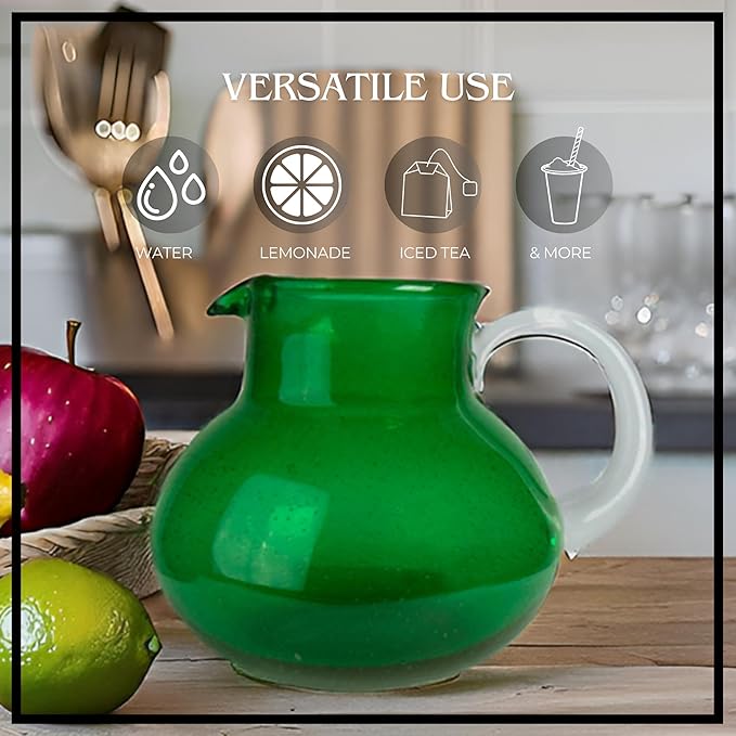 ARTLAND Iris 90oz Handcrafted Pitcher & 14oz Double Old Fashion Glasses (Set of 4) - Lead-Free Bubble Drinkware for Elegant Dining & Serving - Ideal for Water, Cocktails, Juice, Gatherings (Green)