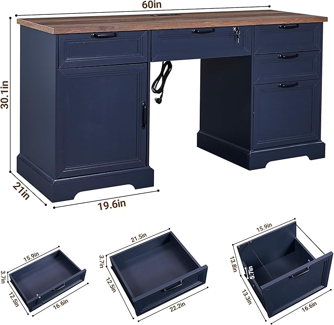 60" Farmhouse Executive Desk with Charging Station,Home Office Desk with 4 Drawers & 1 Cabinet&1 File Cabinet,Main Drawer with Lock,Wood Desk for Office and Home