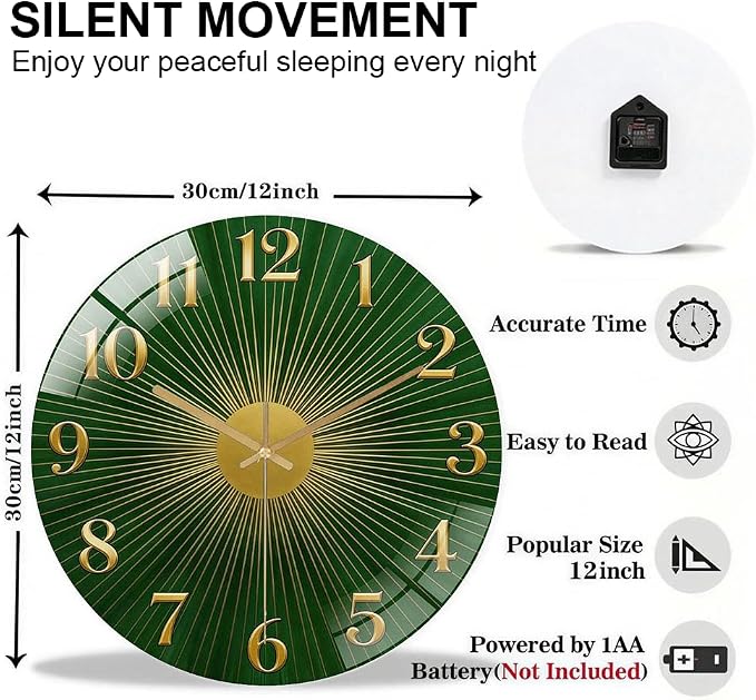 12 Inch Green Sunburst Glass Wall Clock Silent Art Decor | Silent glossy clock with an emerald green sunburst and gold numbers, elegantly tracking time for your living room