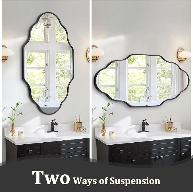 Scalloped Mirror for Bathroom - 26"x46" Black Bathroom Mirror with Aviation Aluminum Alloy Frame & Shatter-Proof Glass for Living Room Bedroom Entryway, Brushed Black Frame(x1)