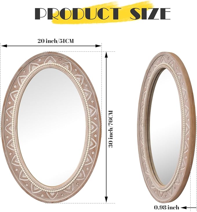 sawsile Oval Wood Mirror,Rustic 20x30 Inch Wooden Farmhouse Beads Decorative Boho Vanity Natural Mirrors for Bedroom, Bathroom, Living Room,or Entryway