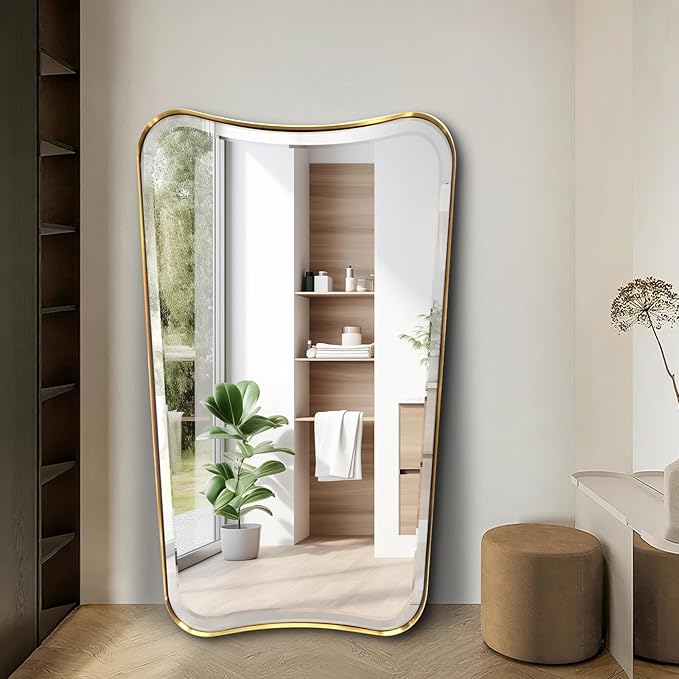 POZINO Irregular Beveled Mirrors, 24"x40" Brushed Gold Vanity Mirror for Over Sink, Brass Unique Shaped Mirrors Decorative, Rectangle Wall Mirror for Bathroom Living Room Bedroom Hallway Entryway
