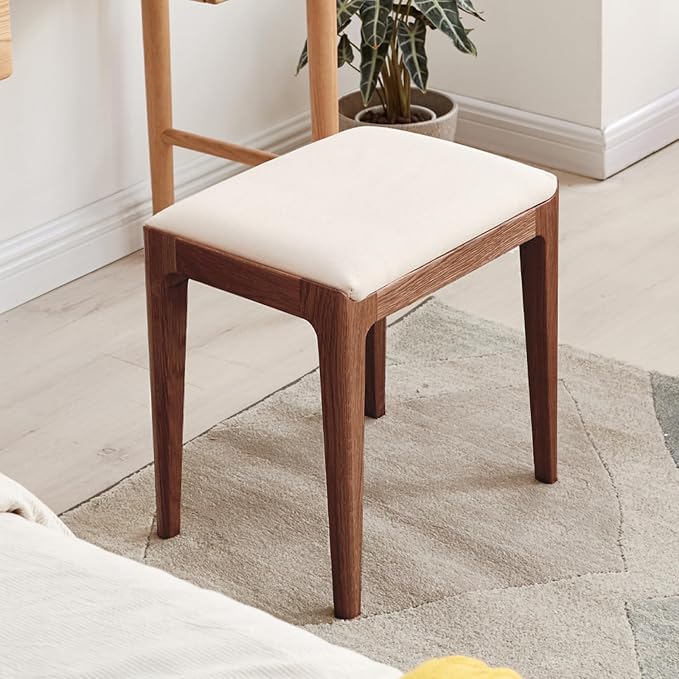 Vanity Stool, Ash Wood Vanity Chair, Wooden Chair for Vanity with Upholstered Cushions for Living Room, Bedroom, Walnut