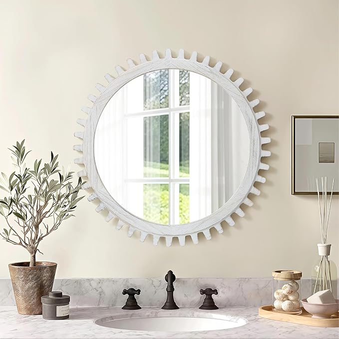 ULIKE Round Rustic Wood Mirror for Bathroom, Farmhouse Mirror with Wood Frame, 24x24 Inch White Vanity Mirrors for Wall Decor of Bedroom Living Room Entryway