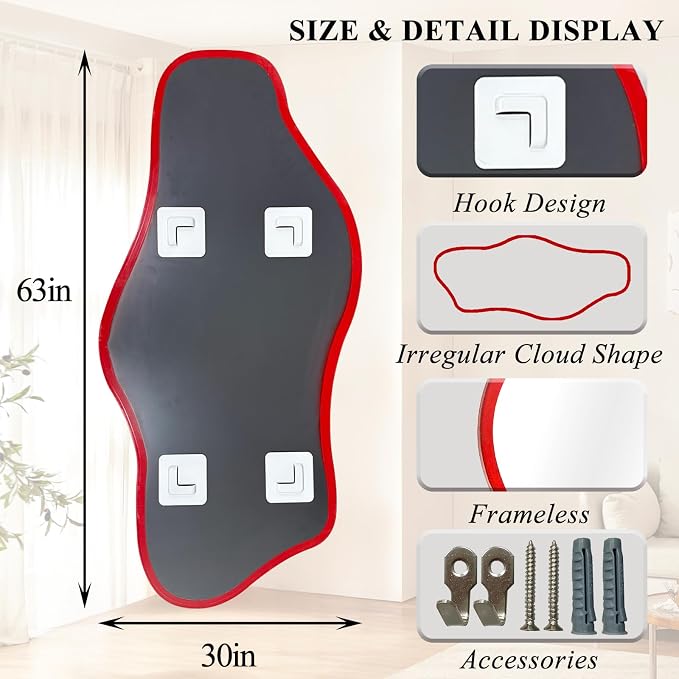 Large Irregular Wall Mirror, 63"x30" Red Asymmetrical Tempered Glass Mirror, Frameless Organic Shaped Mirrors for Entryway Hallway Bedroom Living Room, Horizontal or Vertical Hanging
