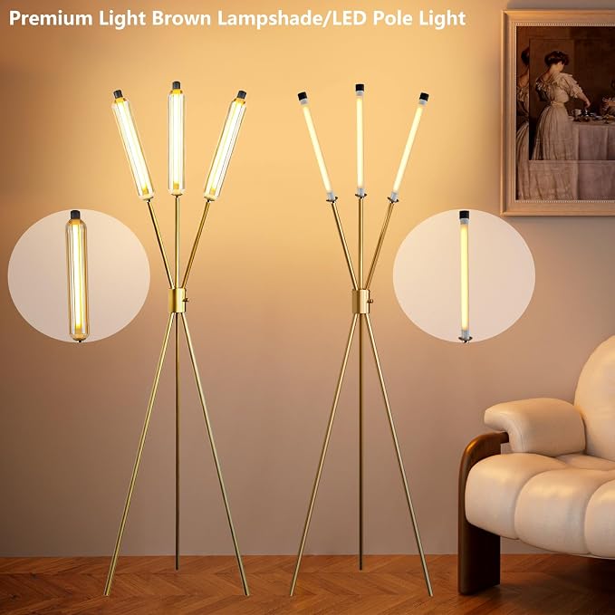 Lightdot LED Tripod Floor Lamps for Living Room, Stepless Dimmable Modern Standing Tall Lamp with 360° LED LampHead,Mid Century Industrial Floor Lamp for Bedroom/Sofa Beside/Corner Decor-Gold