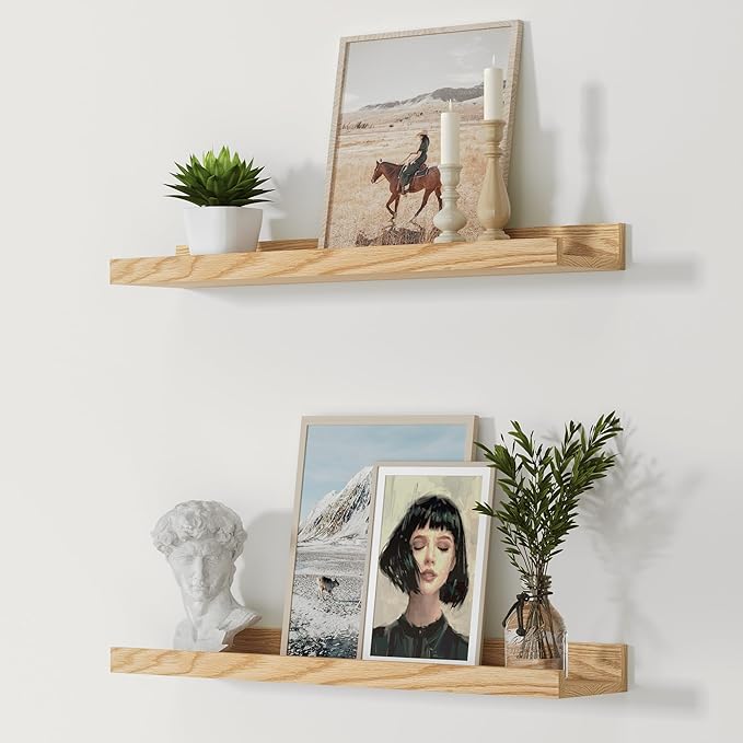 Vivelove Oak Floating Shelves Wall Mounted Set of 2, Rustic Large Wall Shelves for Storage with Lip, Display Picture Ledge with Lip for Storage, Bedroom, Living Room, Bathroom,Nursery Display