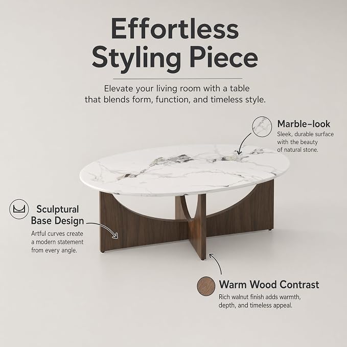 Honyee Oval Coffee Table 47 Inch for Living Room, White Marble-Look Center Table with Wood Base, Large White Oval Coffee Tables for Home Apartment Small Spaces