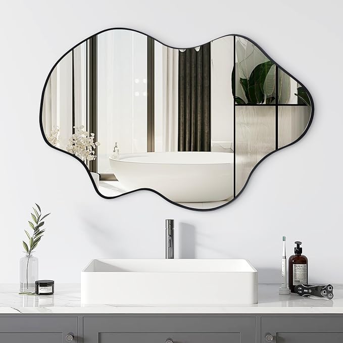 Tanmicoshomy Black Bathroom Mirror 24x36 Inch, Asymmetrical Framed Wall Mirrors with Tempered Glass for Bathroom, Bedroom or Living Room, Vertical or Horizontal Hanging
