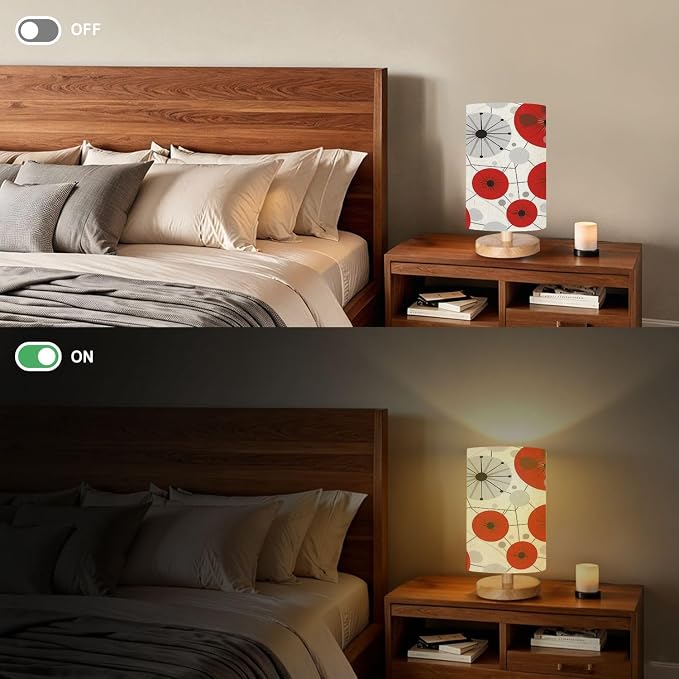 Bedside Table Lamp Mid Century Modern 1950s Style Vintage Retro Atomic Seamless Pattern 16-Way Dimmable Small Desk Lamp with Round Flaxen Fabric Shade for Nightstand Bedroom Living Room Home Decor