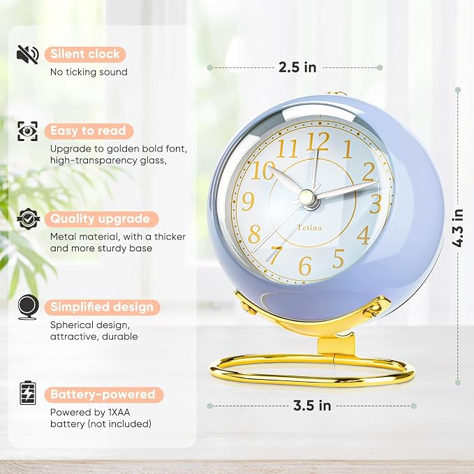 Analog Alarm Clocks,Retro Backlight Cute Simple design Small desk Clock With Night Light,Silent Non-Ticking,Battery Powered,For Kids,teens,Bedroom,travel,kitchen,Bedside Desk decor. (Retro Blue)