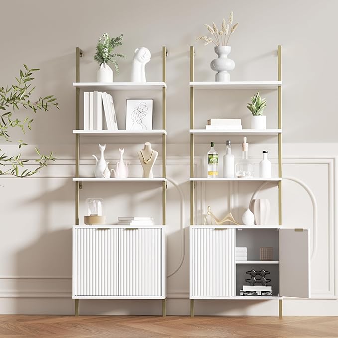 Set of 2 Ladder Bookshelf with Cabinet, 71" Tall Bookcase with Shelves & Storage, Fluted Ladder Shelf with Metal Frame, 6-Tier Display Rack for Living/Bedroom, Home & Office, White & Gold