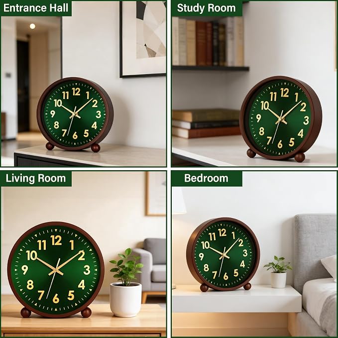 Maxspace Wooden Table Clock,8in Silent Non-Ticking Desk Clock, Battery Operated Desktop Analog Clock for Living Room Office Bedroom Decor (Green Gold - Walnut, Wooden Ball Base)