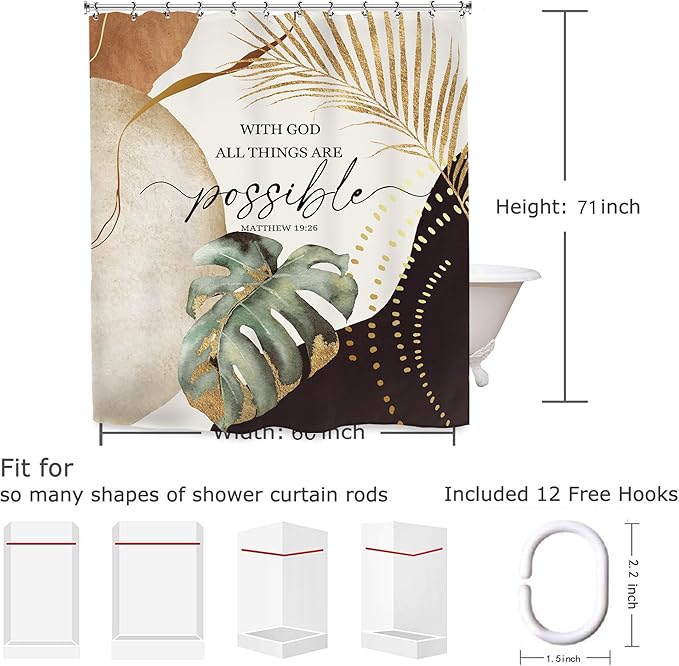 Yookeb Abstract Mid Century Bathroom Shower Curtain 60W by 71H Inch Bible Quotes Minimalist Aesthetic Modern Vintage Polyester Fabric 12 Plastic Hooks Waterproof Decor