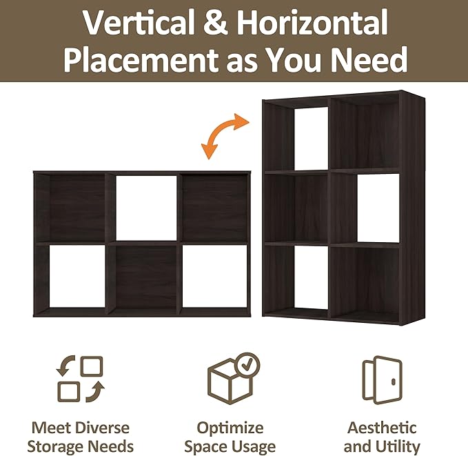 PrimeZone Stackable 6 Cube Storage Organizer: Wood Cubes Shelf Fits Cubby Bins - Square Cubicle Bookshelf with Shoe Rack for Closet Bedroom - Open Storage Shelf for Toy Clothes Book Shoe, Espresso