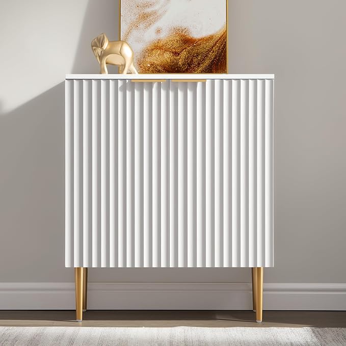SICOTAS Fluted Sideboard Buffet Cabinet - Modern Credenza Storage Cabinet with 2 Doors & Adjustable Shelf, Space-Saving Console Coffee Bar Table for Living Room, Kitchen, Entryway, Hallway, White