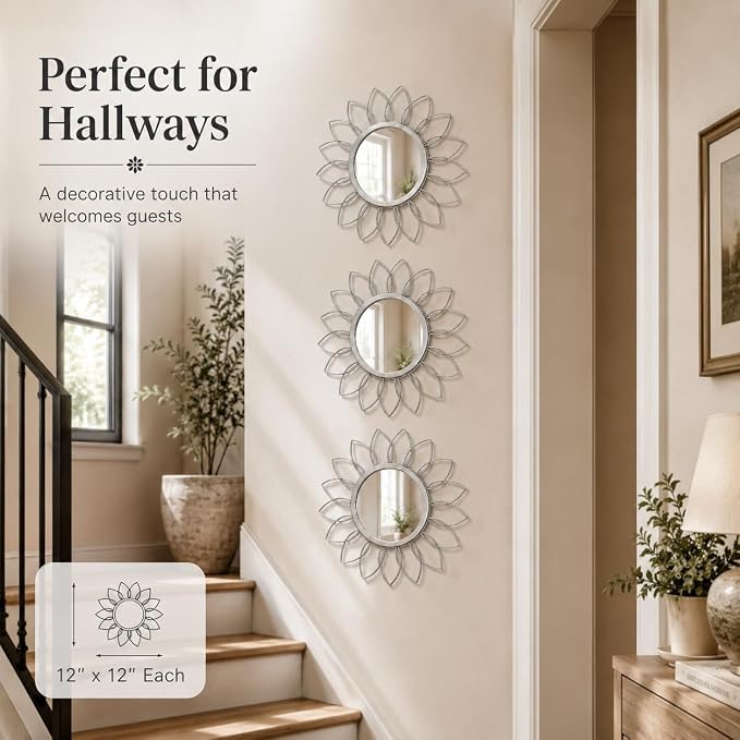 Silver Flower Mirror Set of 3, 3PCS Metal Round Decorative Wall Mirrors, Floral Petal Accent Mirror Wall Decor for Bathroom, Living Room, Bedroom & Entryway