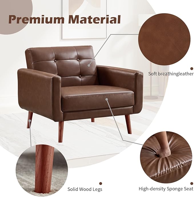 CANMOV 29" W Oversized Leather Accent Chair, Armchair Button Back, Mid Century Modern Accent Chairs for Living Room, Modern Upholstered Bed Room Chair Cozy Armchair with Wood Legs, Brown