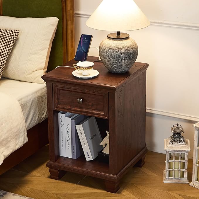 Farmhouse End Tables Living Room with Drawer, Rustic Wood Nightstand with Charging Station, Brown Bedside Table with Open Shelf for Bed Room, Living Room, Walnut