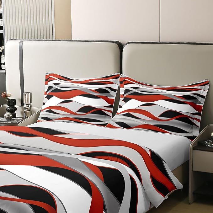 Erosebridal Red Grey Black Lines Bedding Set Queen Modern Wave Stripe 100% Cotton Duvet Cover Striped Lines Comforter Cover for Kids Teens Adults Geometric Spiral Print Bed Set 3 Pcs