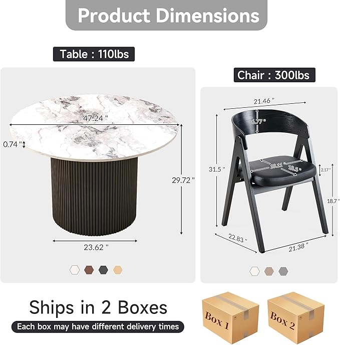 Howtek 47″ Round Dining Table Set for 4-6 People, 5 Piece Modern Kitchen Table with Faux White Marble Wood Grain Finish & 4 PU Leather Upholstered Dining Chairs（Curved Backrest & Solid Wood Legs ）