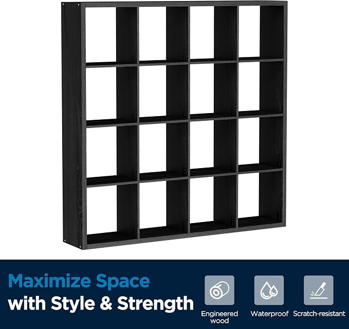 16-Cube Storage Organizer Bookcase, Thick Frame Wood Grain Storage Shelf, Rectangular Cube Open Back Display Unit, 48.8x9.4x48.8 Inches for Living Room, Bedroom, Home Office, Embossed Black